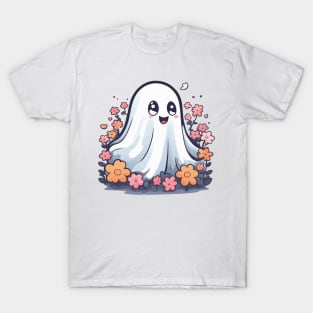 Kawaii Halloween Ghost in Floral Garden T-Shirt